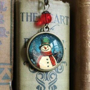 Snowman‎ in a Top Hat Bookmark - Christmas - Bronze and Glass Cabochon Book Hook